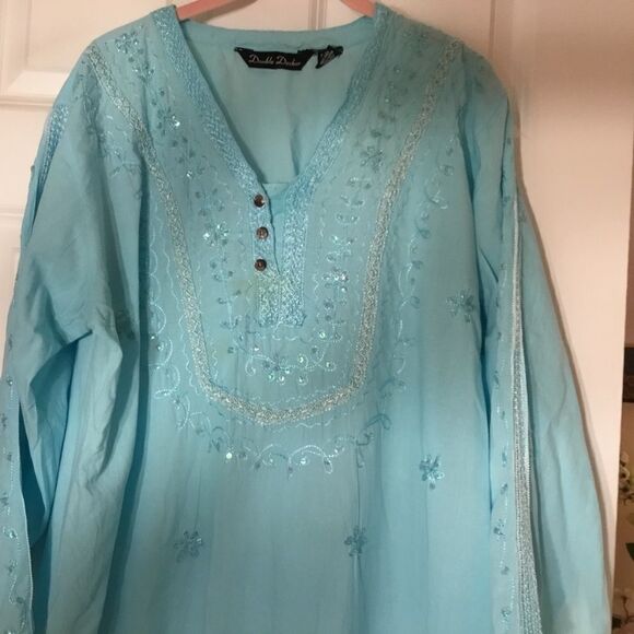 Double Decker Women’s Size Plus Light Turquoise Tunic Top with Embroidery Detail - Picture 3 of 11
